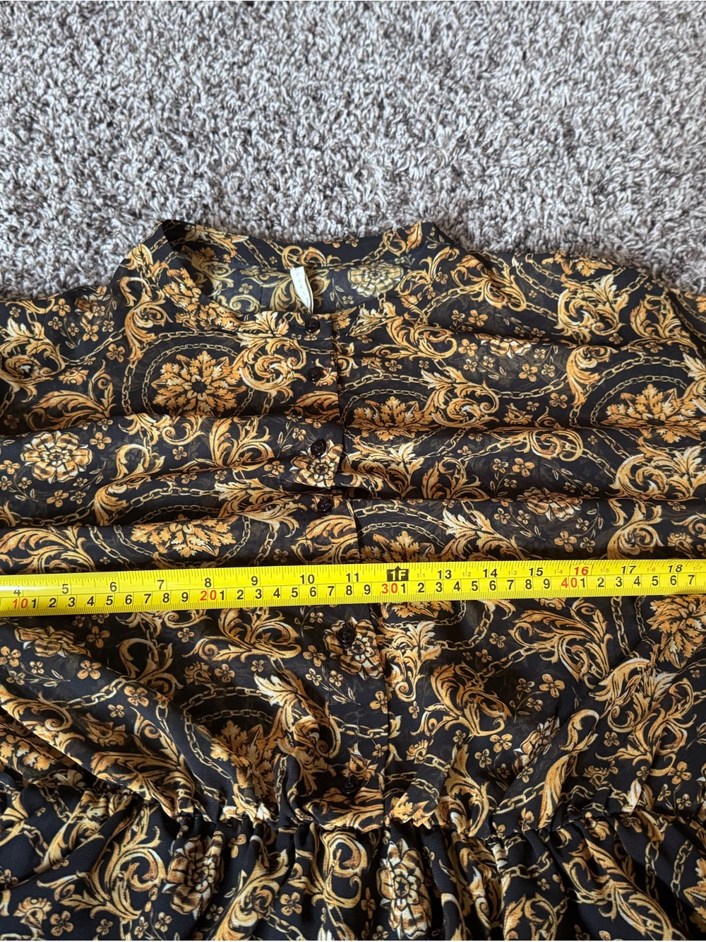 Imperial Scroll Print Tie Neck Dress Fit Flare Black Gold Semi Sheer M - Picture 10 of 11